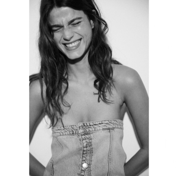 Zara TRF STRAPLESS DENIM JUMPSUIT Blogger Fav Wide Leg - Picture 6 of 15